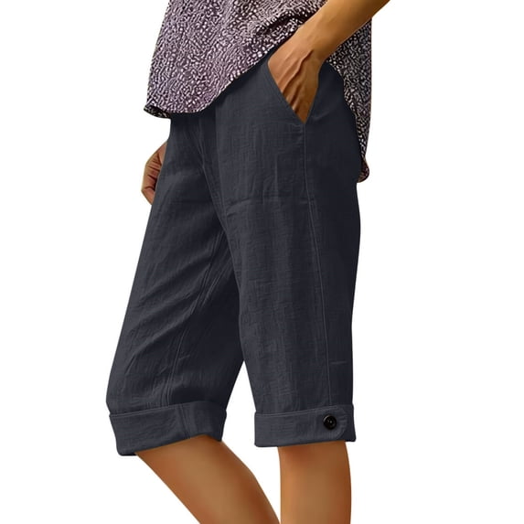 POROPL Womens Capris Pants,Linen Knee Length Pants Straight Leg Loose Bermuda Shorts with Pockets