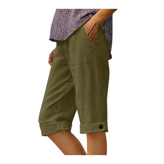 POROPL Womens Capris Pants,Linen Knee Length Pants Straight Leg Loose Bermuda Shorts with Pockets