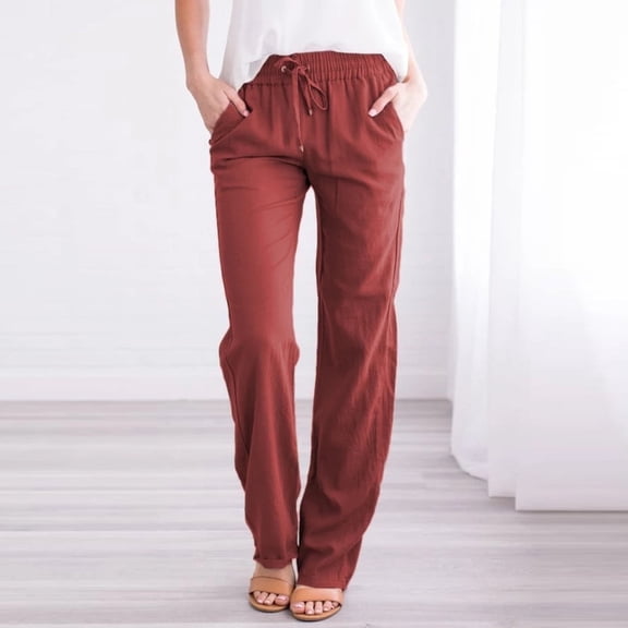 POROPL Womens Dress Pants Drawstring Elastic Waist Long Straight Pants Wine Size L