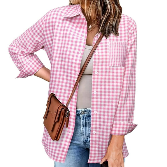 POROPL Womens Fall Tops,Women's Casual Fashion Plaid Color Matching Pocket Button Loose Coat Shirt for Women 2025