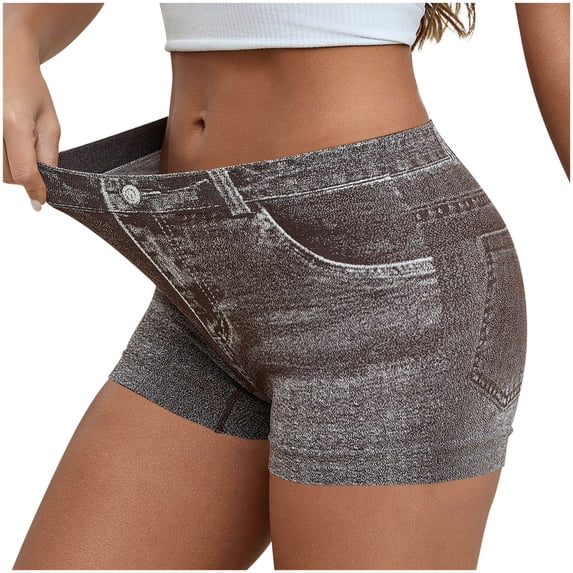 POROPL Womens Jean Shorts ,Faux Denim Printed Stretchy Butt Lifting Yoga Leggings Shorts for Women