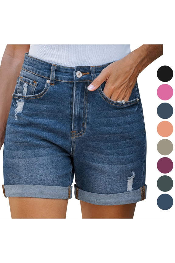 Womens Jean Shorts,Ripped Denim Shorts Button Stretchy High Waisted Shorts with Pockets