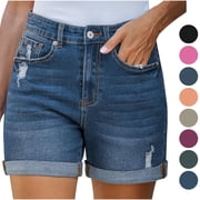 POROPL Womens Jean Shorts,Ripped Denim Shorts Button Stretchy High Waisted Shorts with Pockets