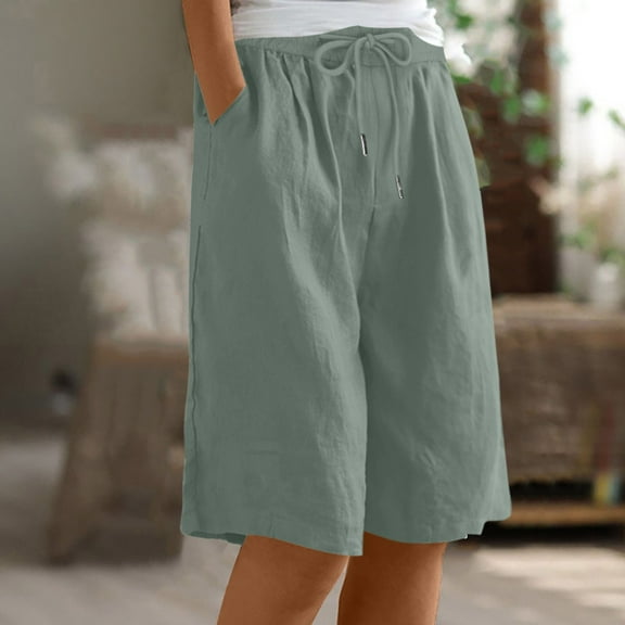 POROPL Womens Knee Length Shorts Linen Summer Casual Shorts Capris Short