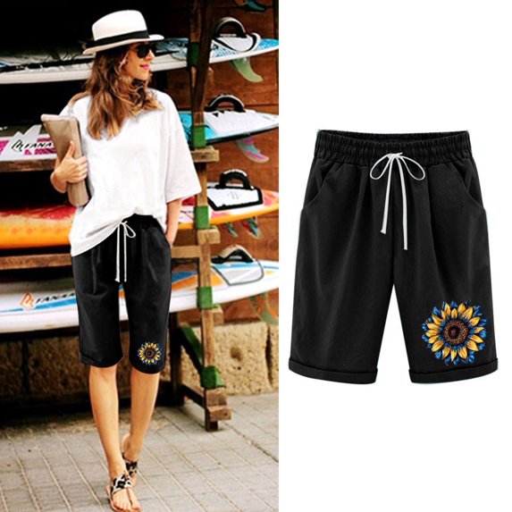 POROPL Womens Knee Length Shorts Summer Elastic Waist Casual Shorts with Pockets Print Short