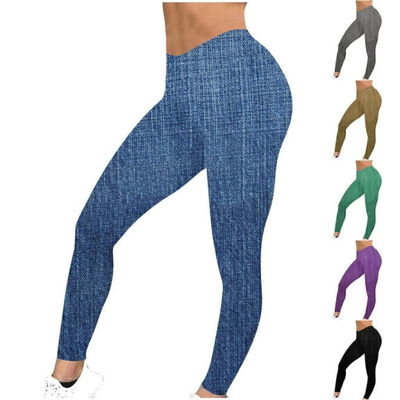 POROPL Womens Leggings Tight Imitation Denim Leggings Yoga Print Size S-XXL