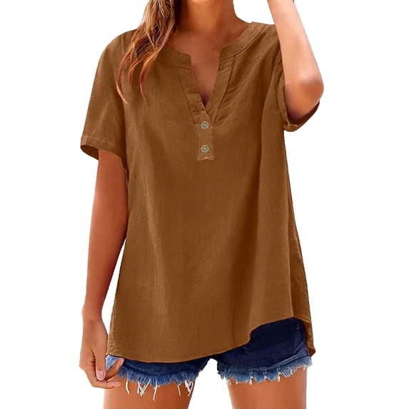 POROPL Womens Linen Tops Short Sleeve 2026 Fashion Shirts Casual Button V Neck Tops