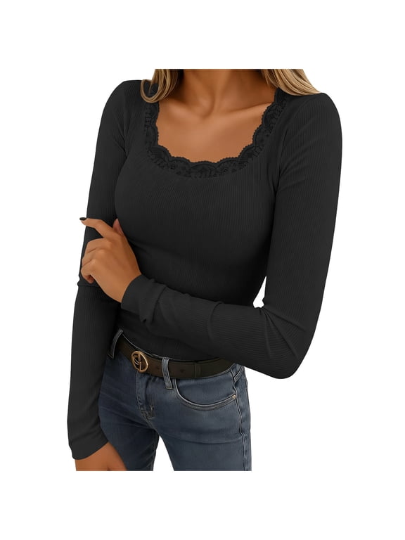 Womens Ribbed Tops Knit Long Sleeve U Neck Lace Trim Tight Shirts Casual Spring Clothes Black