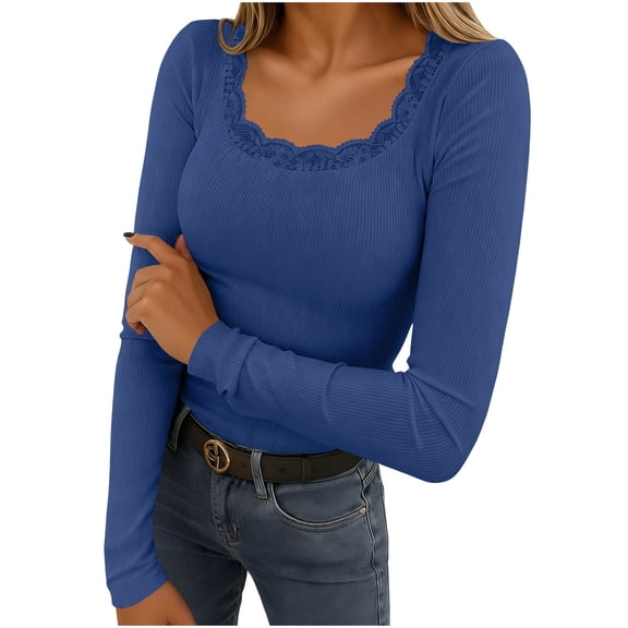 POROPL Womens Ribbed Tops Knit Long Sleeve U Neck Lace Trim Tight Shirts Casual Spring Clothes Blue