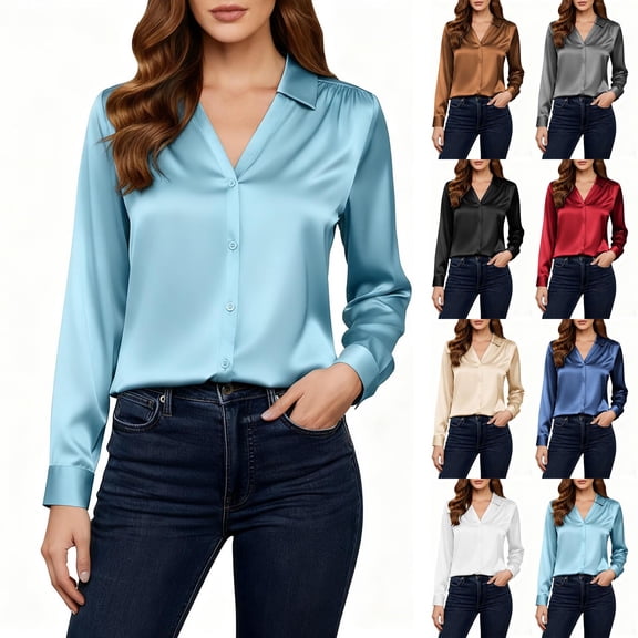 POROPL Womens Satin Button Down Shirts Long Sleeve Shirts Work Dressy Casual Collar Blouses Tops