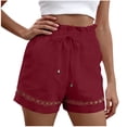 thumbnail image 1 of POROPL Womens Shorts ,Cotton Linen Drawstring Elastic Waist Hollow Out Boho Shorts with Pockets, 1 of 8