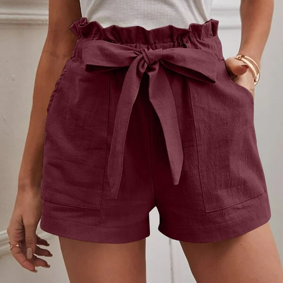 POROPL Womens Shorts Linen Summer Fashion High Waist Casual Loose Wide Leg Shorts with Pockets Lace-Up Short