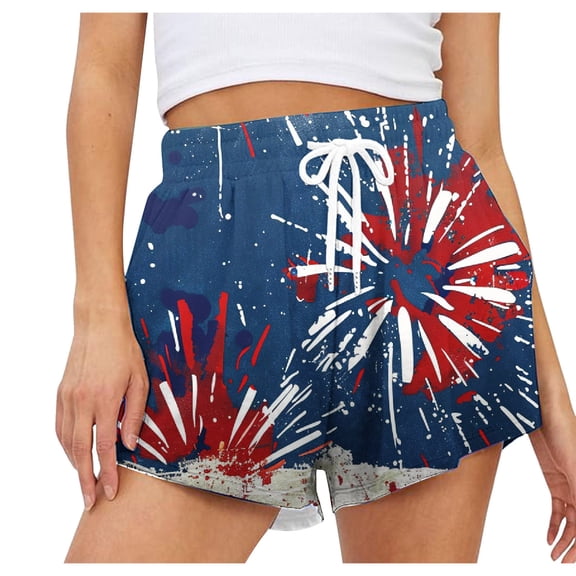 POROPL Womens Shorts Summer Fashion High Waist Elastic Waist Casual Shorts with Pockets Independence Day Print Short