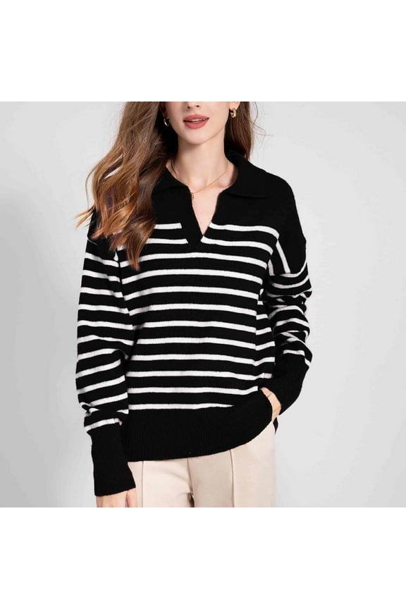 Womens Sweaters Long Sleeve V-Neck Crew Neck Sweater Oversized Striped Pullover Size S-L