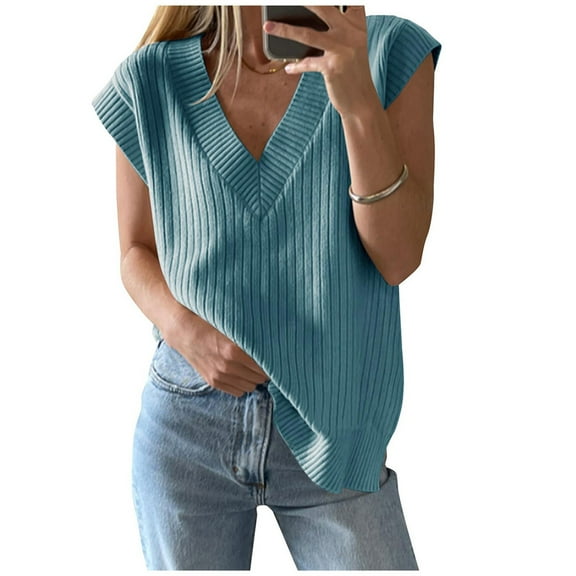 POROPL Womens Sweaters Sleeveless V-Neck Sweater Casual Oversized Top Pullover Size S-XL