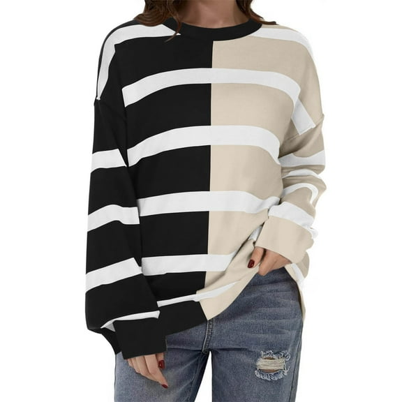 POROPL Womens Sweatshirts Fashion Crew Neck Long Sleeve Sweatshirts Striped Print Pullover Tops Casual Fall Outfits Black