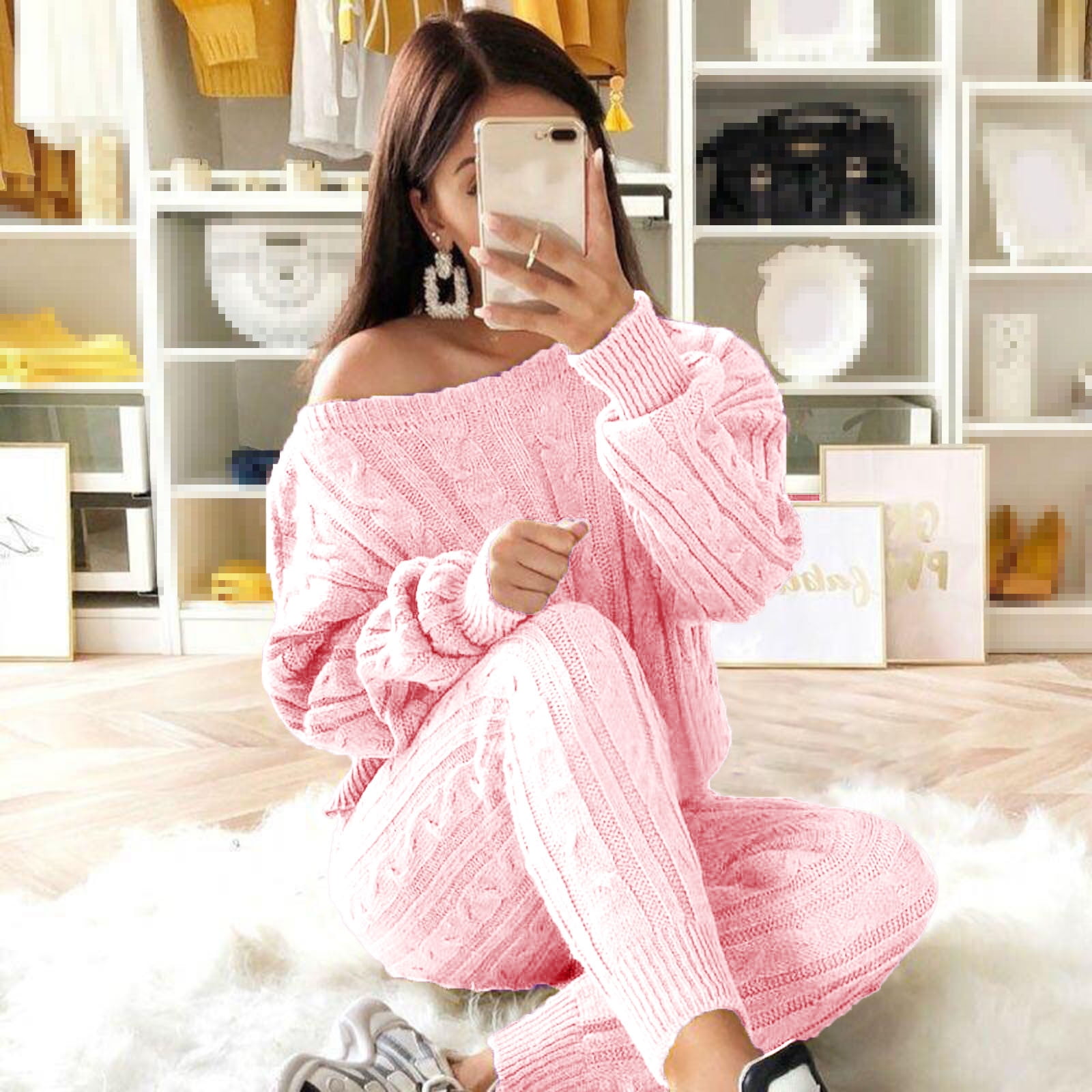 POROPL Womens Track Suits 2 Piece Set Spring Pink Crew Neck Solid Color Off Shoulder Long Sleeve Cable Knitted Warm Long Pants Sweater Suit Set Summer Saving Clearance Walmart