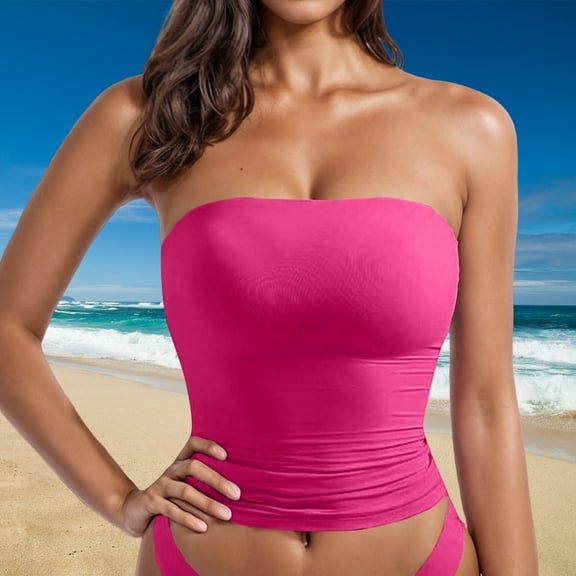 POROPL Womens Tube Top Long Seamless Padded Tops(Pink,1 Pack,Size S-XL)