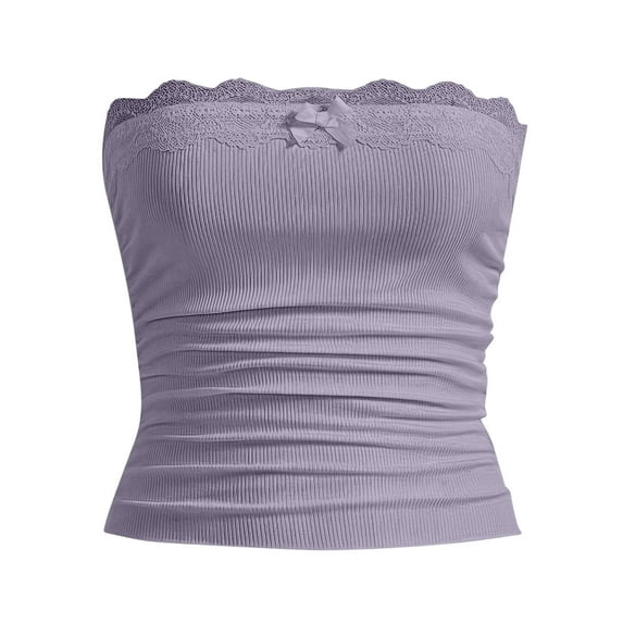 POROPL Womens Tube Top Long Textured Lace Trim Tops(Purple,1 Pack,Size S-L)