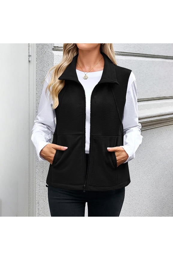 Womens Vest Jacket Full Zip Fleece Winter Warm Sleeveless Outerweart with Pockets Black