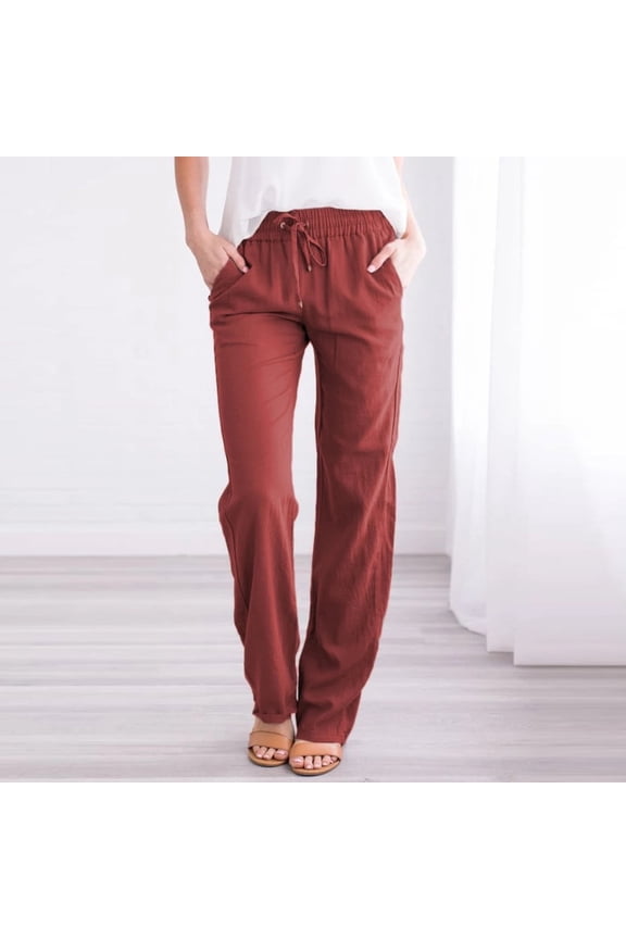 Womens Work Pants Drawstring Elastic Waist Long Straight Pants Wine Size M
