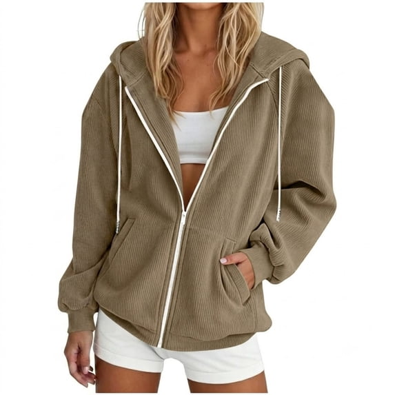 POROPL Womens Sweatshirts,Hoodies Corduroy Zip Up Hoodie Oversized Casual Long Sleeve Jacket with Pockets