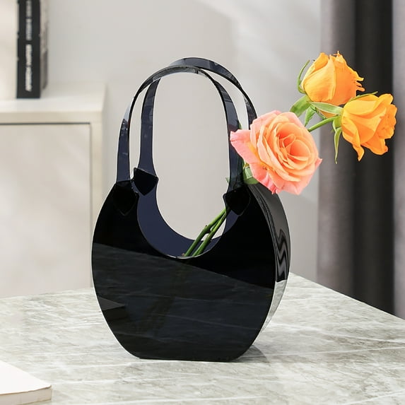 PORPAN Purse Vase, Bag Vase for Flowers, Black Acrylic Vase, Modern Flower Vase, Aesthetic Vase for Flowers, Decorative Vase for Wedding, Living Room, Bedroom, Table, Office(Hand Bag)