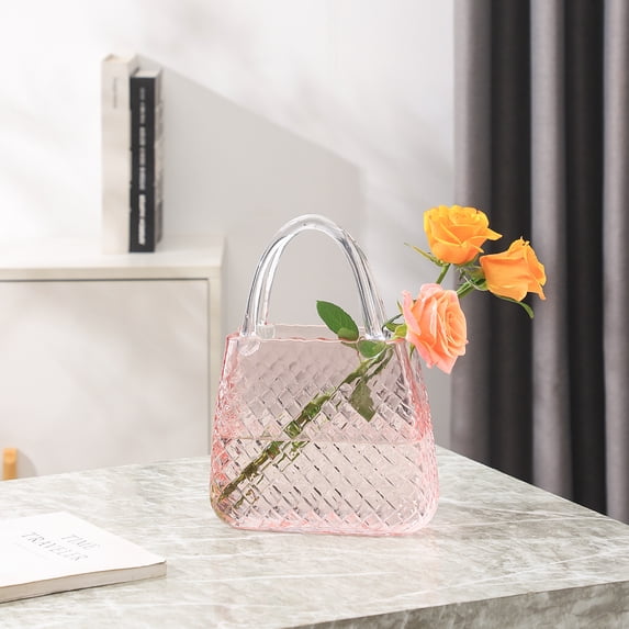 PORPAN Purse Vase, Glass Bag Vase, Pink Glass Vase, Modern Flower Vase, Aesthetic Vase for Flowers, Decorative Vase with Embossed Pattern for Wedding, Living Room, Bedroom, Table, Office(Round)