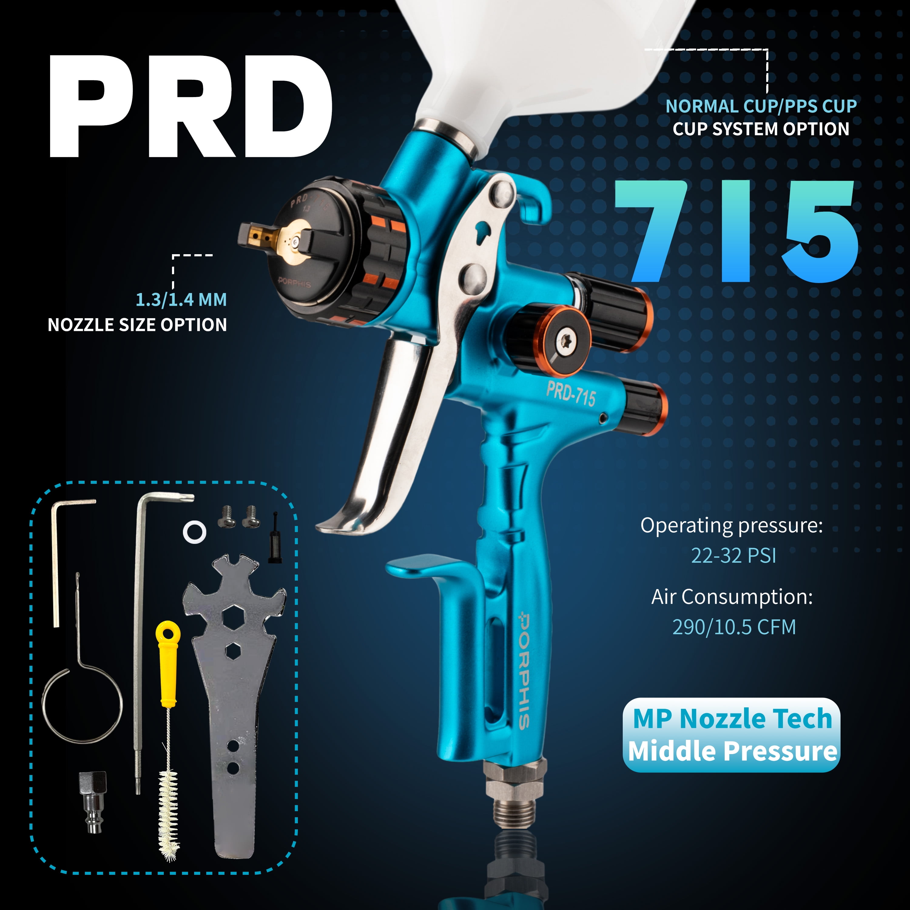 PORPHIS Automotive Refinishing Spray Gun PRD-715 Middle Pressure 1.3mm