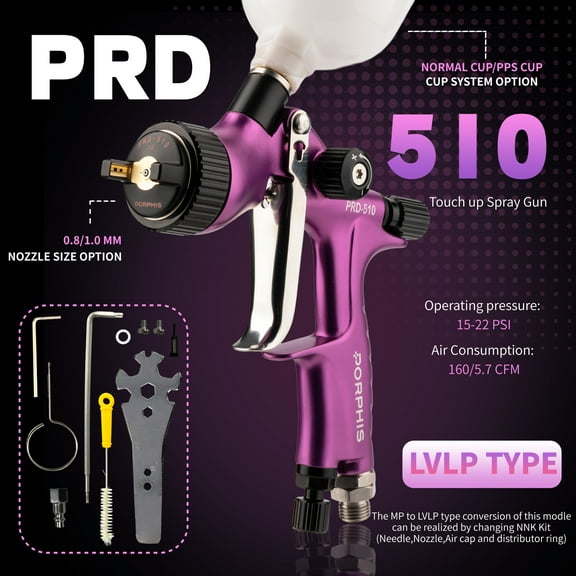 PORPHIS LVLP Automotive Refinishing Spray Paint Gun PRD-510 1.0mm Nozzle with 250ml Cup, Purple