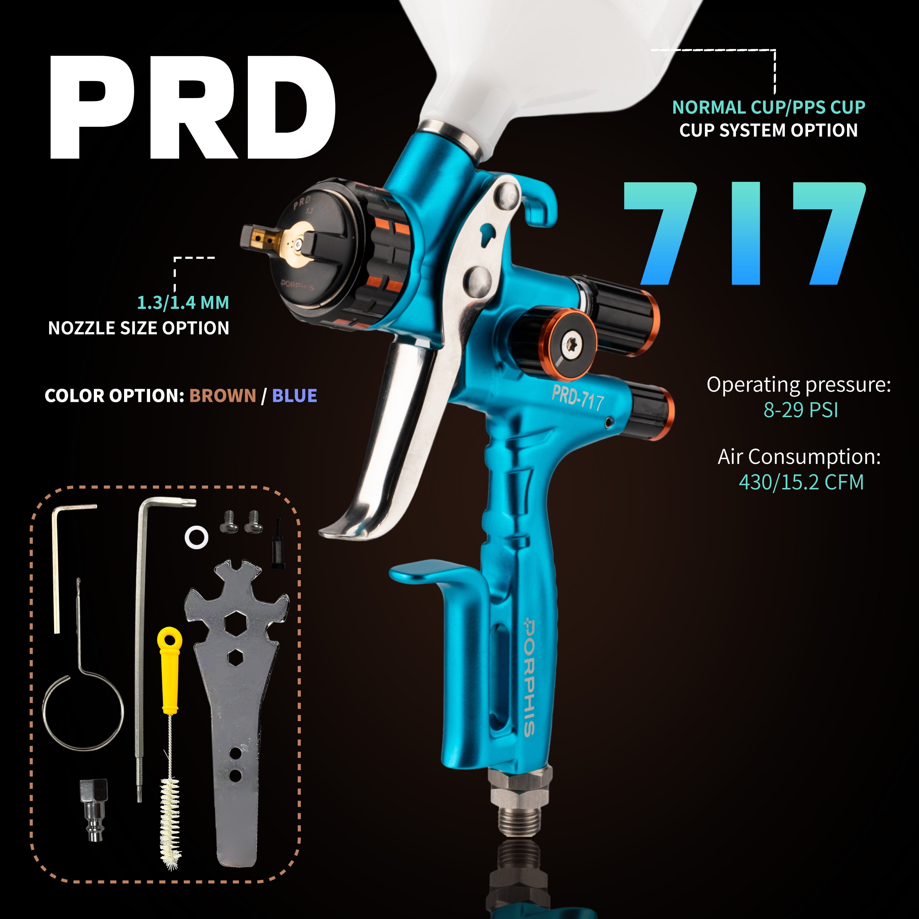 PORPHIS Paint Spray Gun PRD-717 VS Type with Split Nozzle 1.3mm