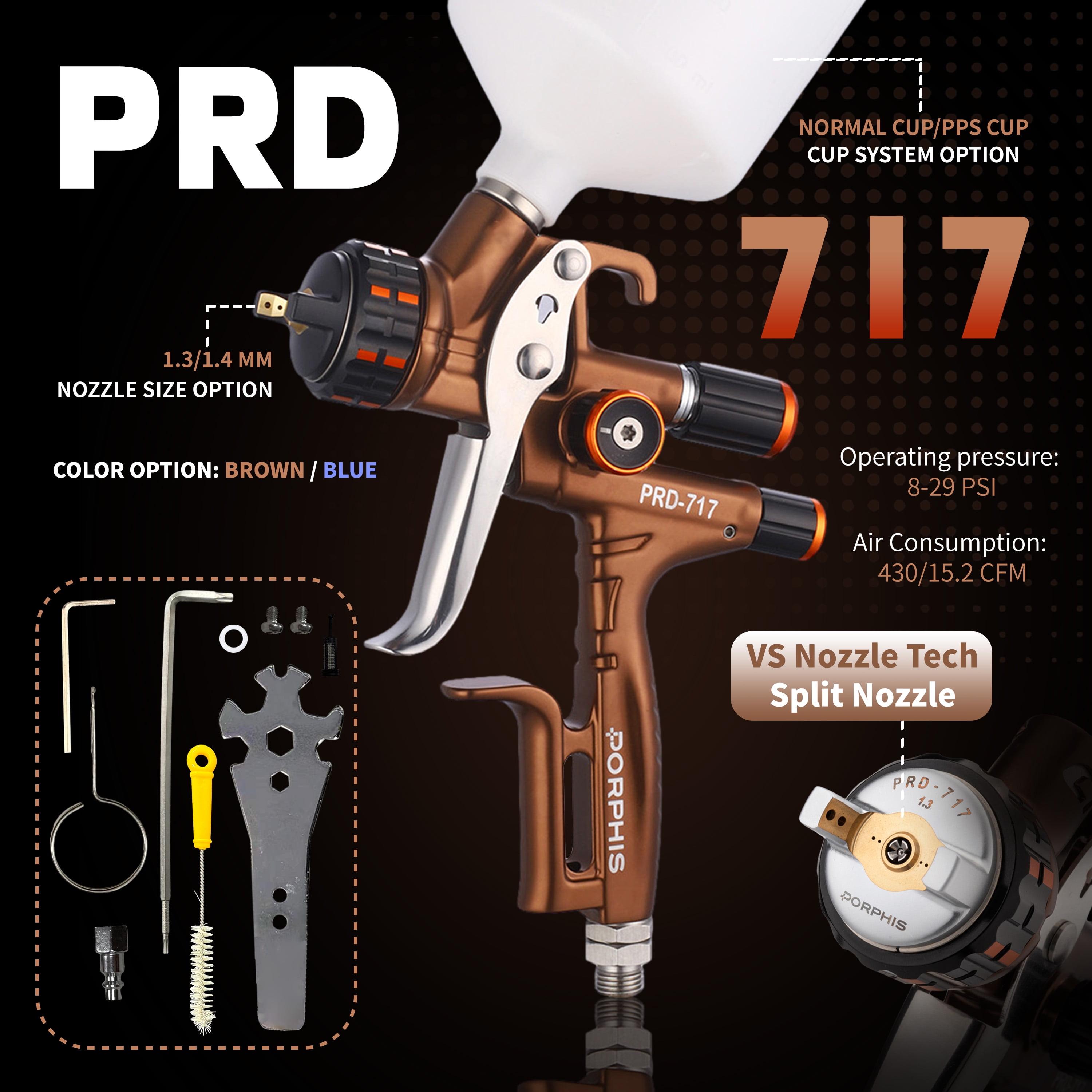 PORPHIS Paint Spray Gun PRD-717 VS Type with Split Nozzle 1.3mm