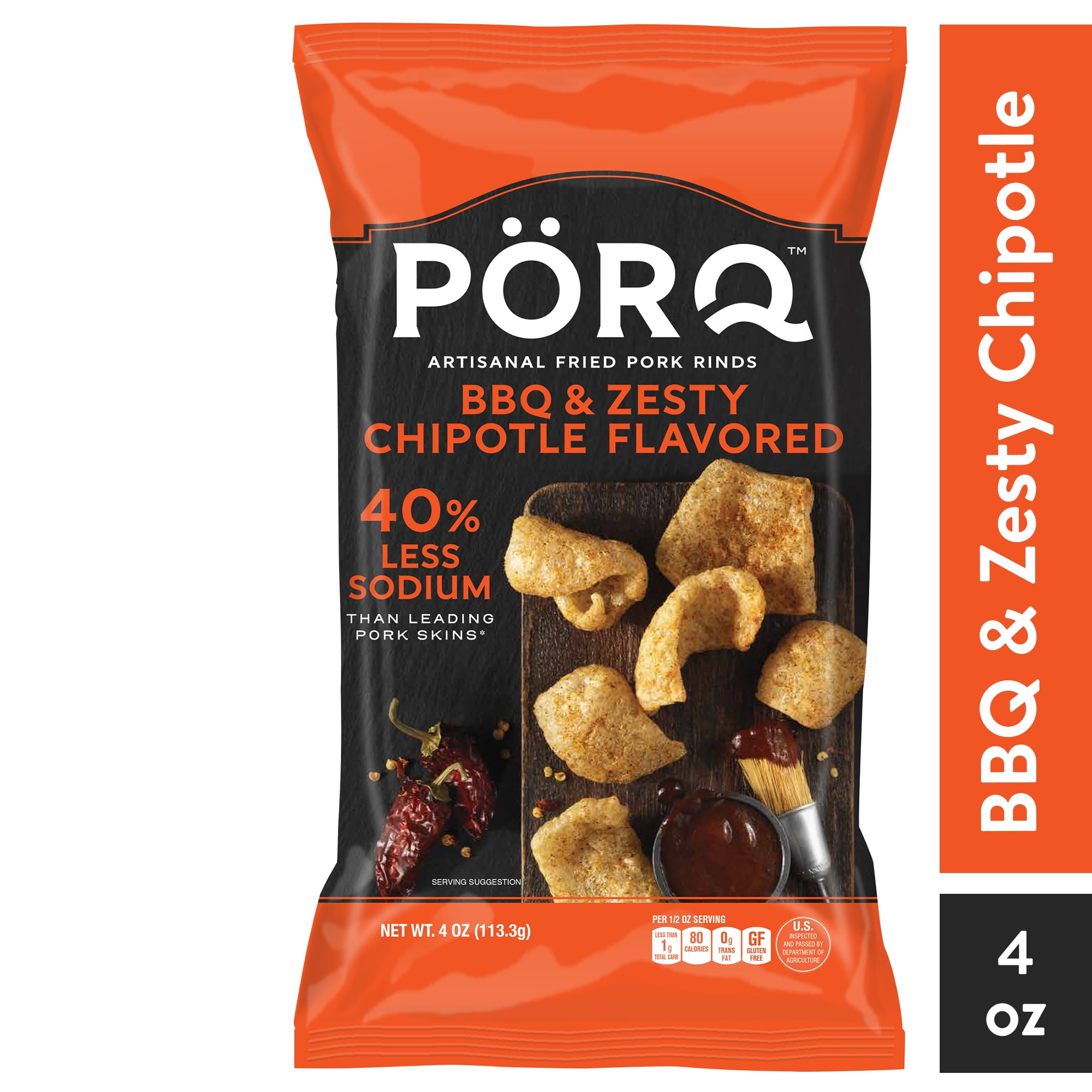 PORQ BBQ & Zesty Chipotle Artisanal Pork Rinds, Gluten Free, Keto Friendly, 4 oz Bag