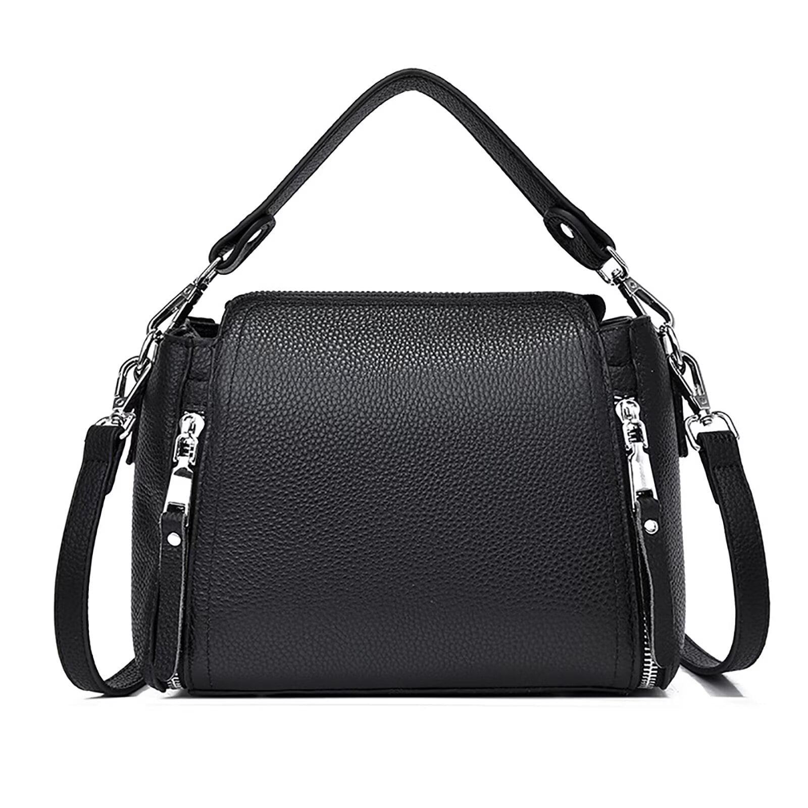 PORT&LOTUS Black Anti-theft Genuine Leather Crossbody Purses for Women with Hand Carry Strap Women's Hobo Handbags Women's Zipper Shoulder Bags