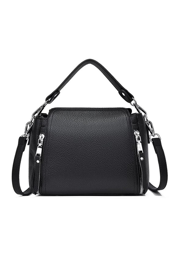 Black Anti-theft Genuine Leather Crossbody Purses for Women with Hand Carry Strap Women's Hobo Handbags Women's Zipper Shoulder Bags