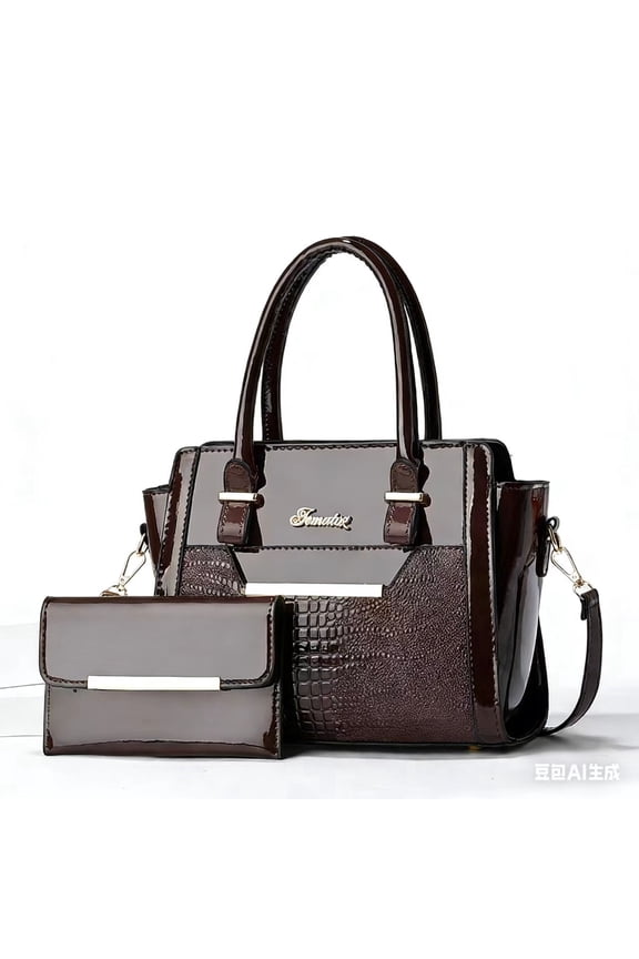 Glossy Coffee Patent Leather Tote Bag with Matching Wallet, Crocodile Embossed Detail & Removable Crossbody Strap