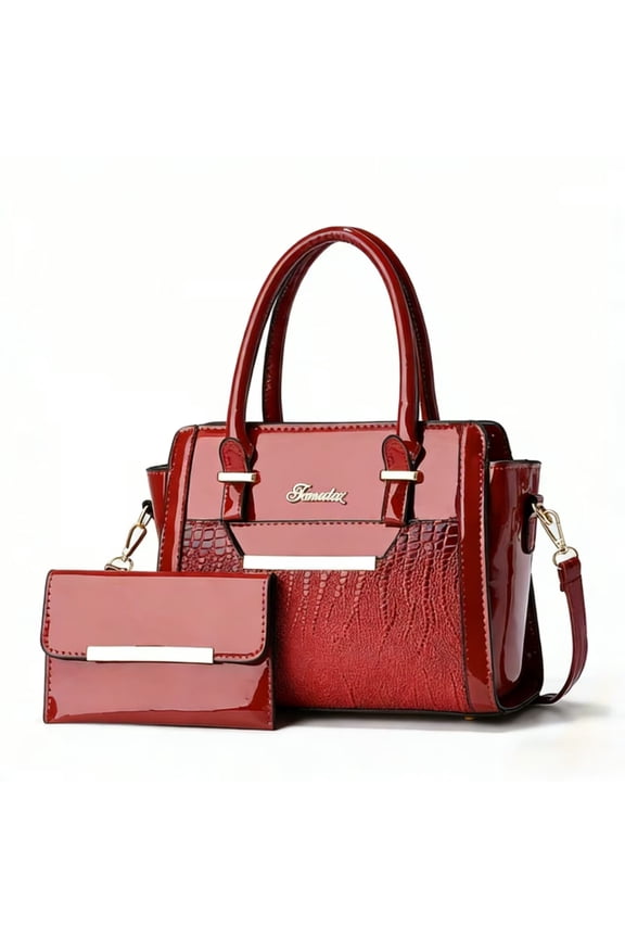 Glossy Red Patent Leather Tote Bag with Matching Wallet, Crocodile Embossed Detail & Removable Crossbody Strap