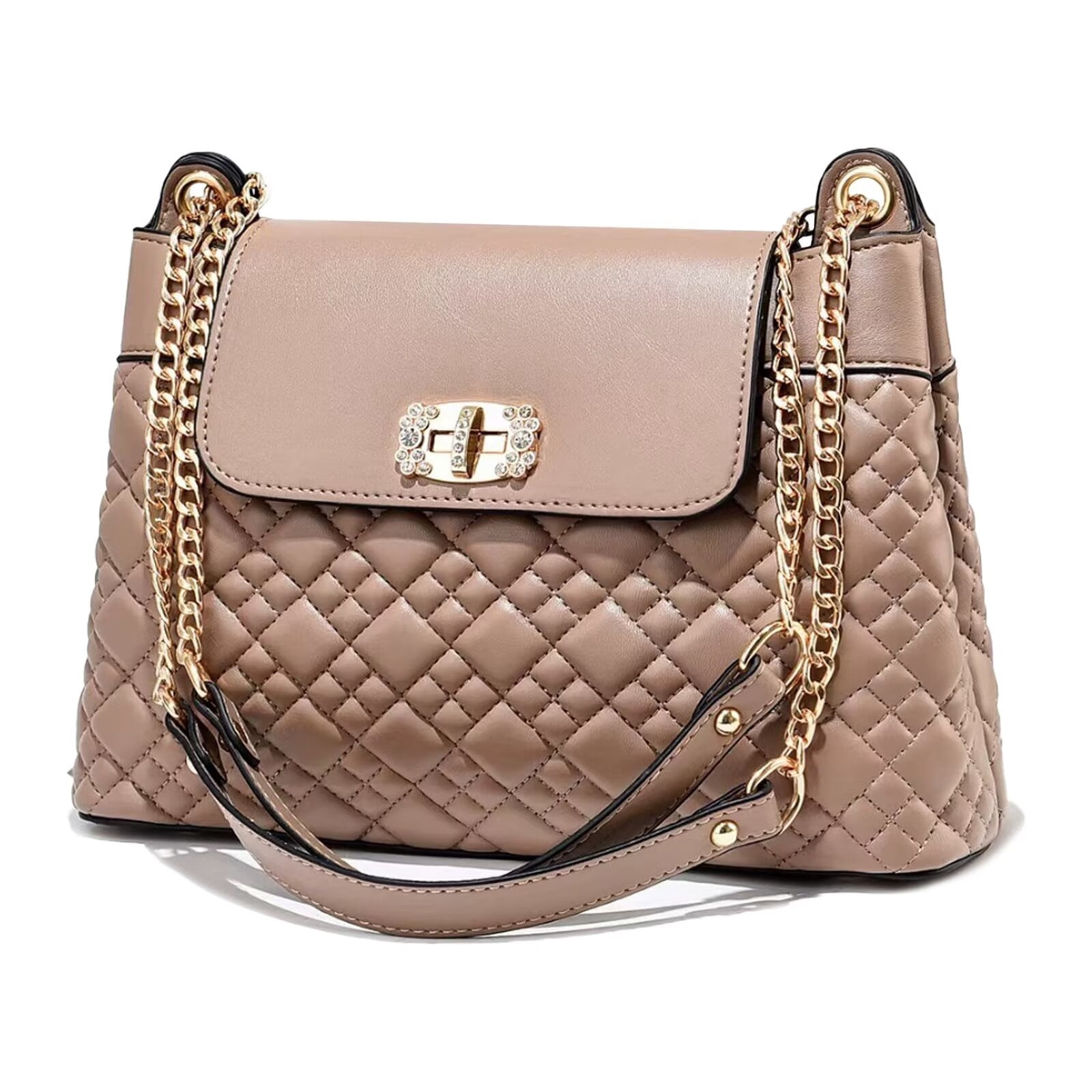 PORT&LOTUS Khaki Stylish Quilted Shoulder Bag with Gold Chain and Elegant Twist Lock Ideal Fashion Accessory for Women Handbags Purses with Chain Strap