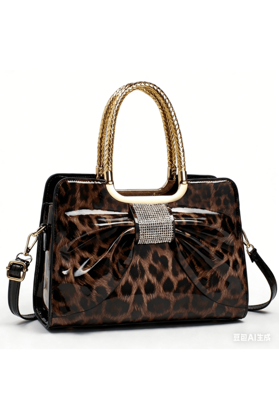 Leopard Print Patent Leather Tote Bag with Rhinestone Bow Detail, Gold-Tone Twist Handle & Removable Crossbody Strap