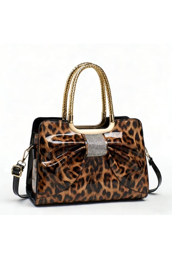 Leopard Print Patent Leather Tote Bag with Rhinestone Bow Detail, Gold-Tone Twist Handle & Removable Crossbody Strap
