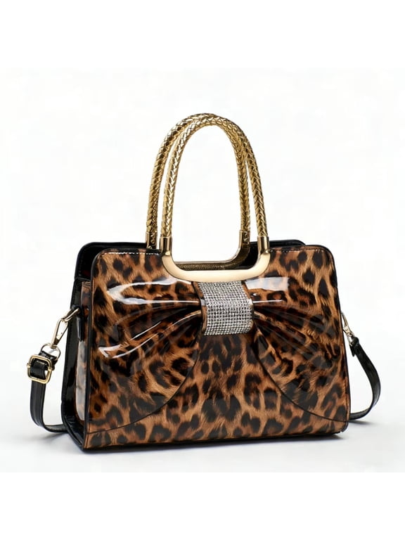Leopard Print Patent Leather Tote Bag with Rhinestone Bow Detail, Gold-Tone Twist Handle & Removable Crossbody Strap