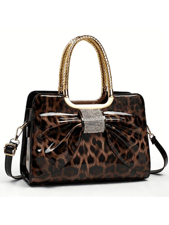 Leopard Print Patent Leather Tote Bag with Rhinestone Bow Detail, Gold-Tone Twist Handle & Removable Crossbody Strap