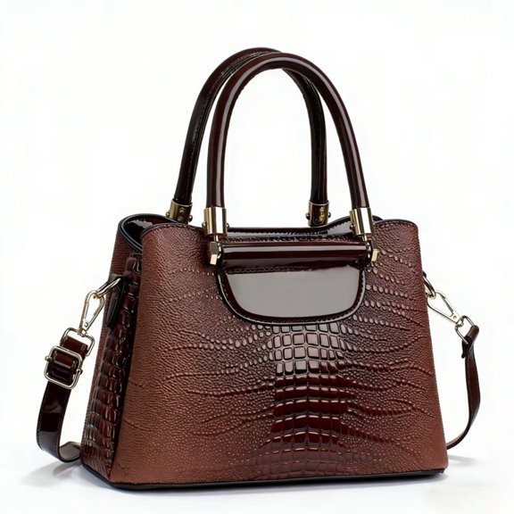 PORT&LOTUS Luxury Patent Leather Crocodile Print Satchel for Women - Stylish Top Handle Bag with Detachable Crossbody Strap
