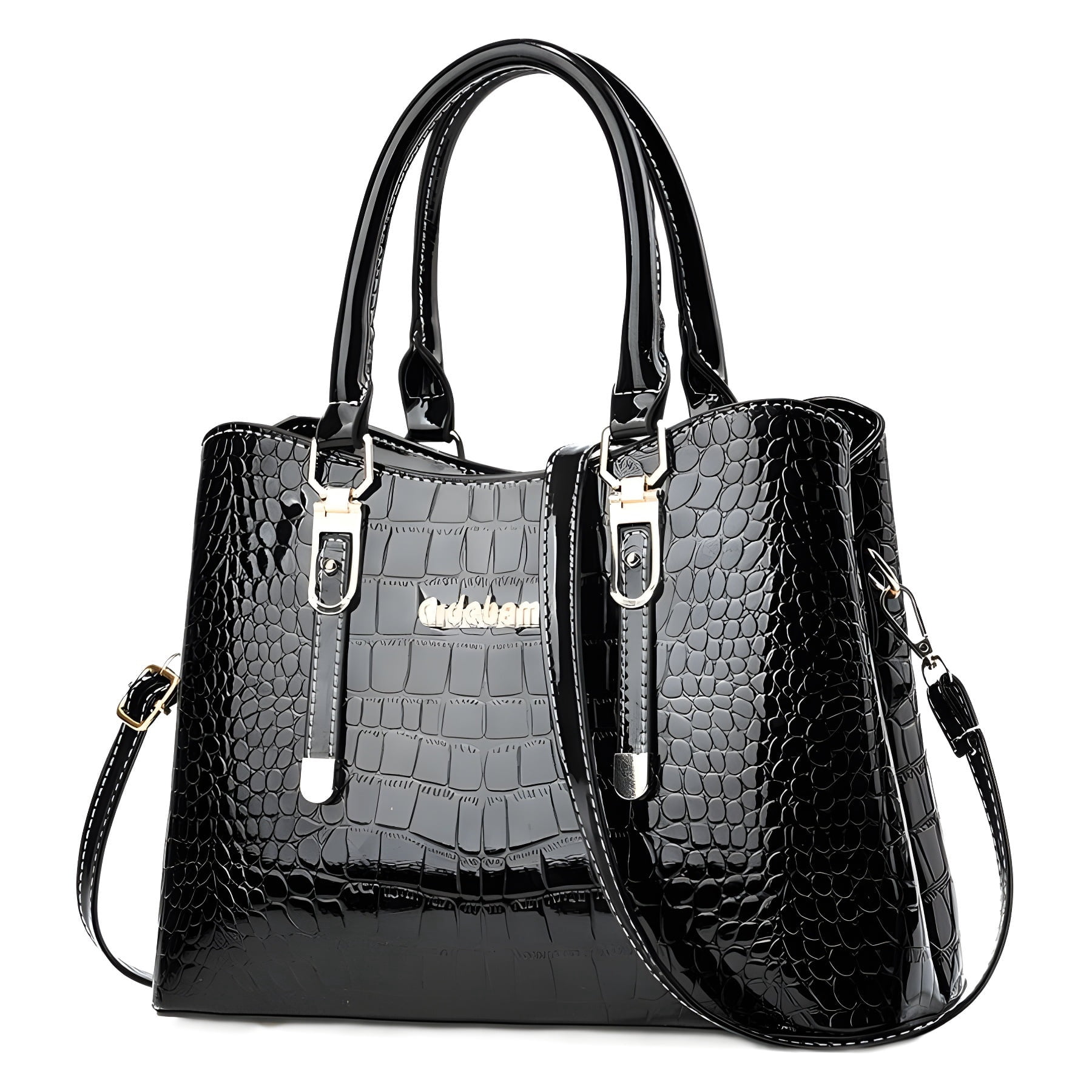 PORT&LOTUS Medium Size Glossy PU Leather Top Handle Crossbody Tote Purses for Women Classic Large Capacity Black Crocodile Pattern Shoulder Handbags for Women with Compartments For Mom