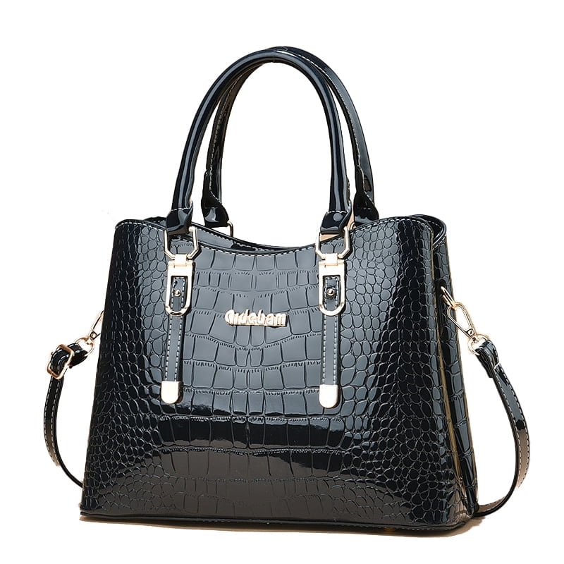 PORT&LOTUS Medium Size Glossy PU Leather Top Handle Crossbody Tote Purses for Women Classic Large Capacity Blue Crocodile Pattern Shoulder Handbags for Women with Compartments for Mom