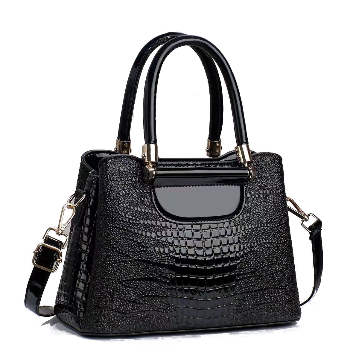 PORT&LOTUS Medium Size Glossy PU Leather Top Handle Crossbody Tote Purses for Women Simple Large Capacity Black Crocodile Pattern Shoulder Handbags for Women with Compartments For Mom