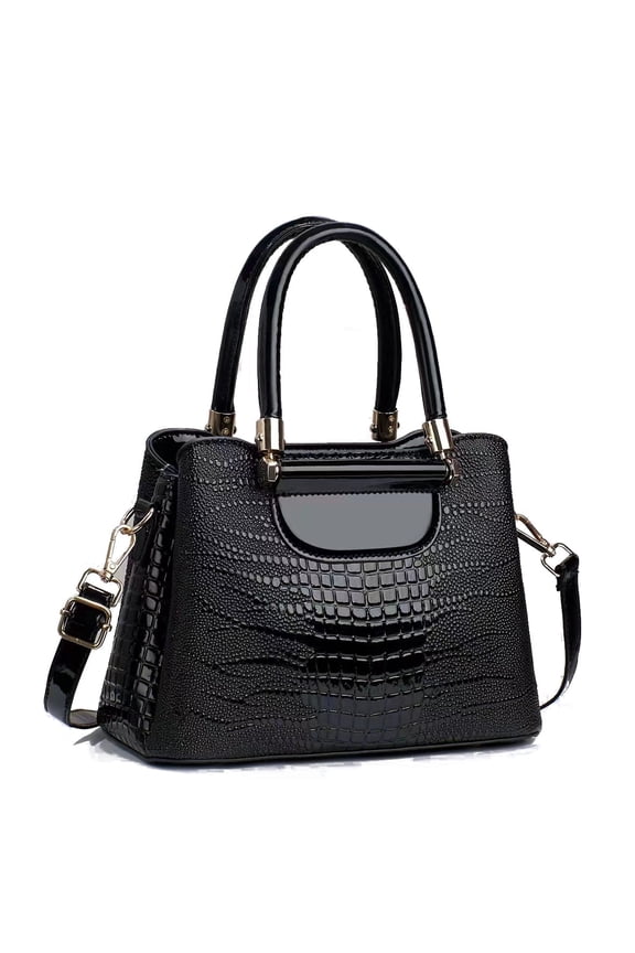 Medium Size Glossy PU Leather Top Handle Crossbody Tote Purses for Women Simple Large Capacity Black Crocodile Pattern Shoulder Handbags for Women with Compartments For Mom