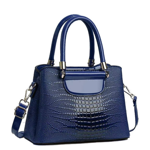 PORT&LOTUS Medium Size Glossy PU Leather Top Handle Crossbody Tote Purses for Women Simple Large Capacity Blue Crocodile Pattern Shoulder Handbags for Women with Compartments for Mom