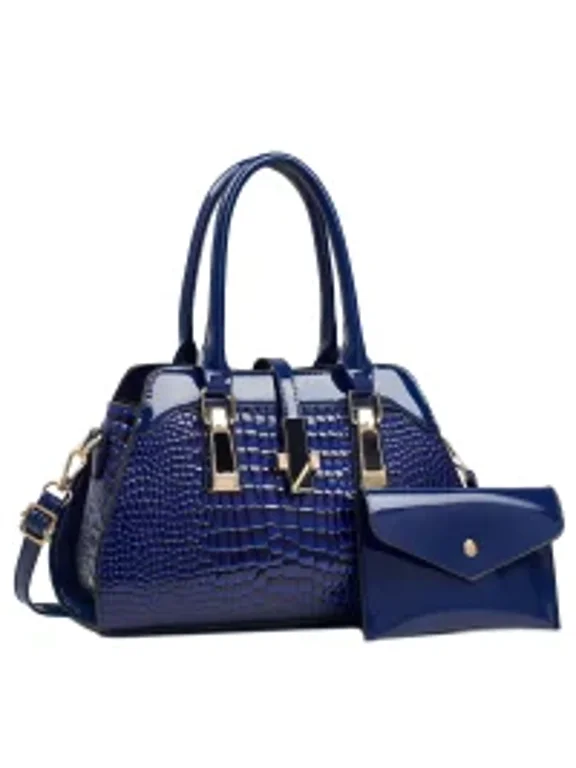 Medium Size Glossy PU Leather Top Handle Crossbody Tote Purses for Women with Wallet Set Blue Crocodile Pattern Shoulder Handbags for Women with Compartments