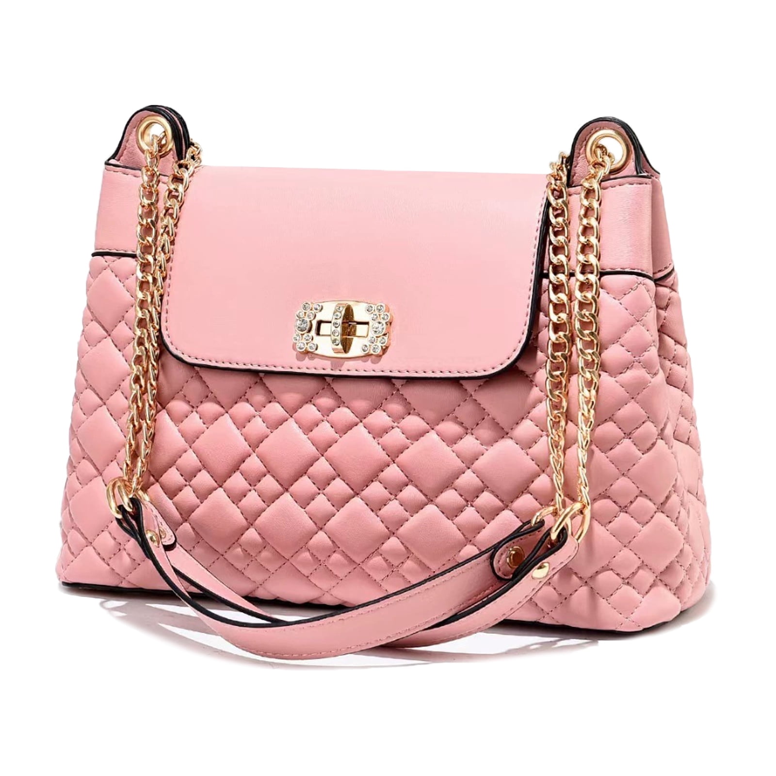 PORT&LOTUS Pink Stylish Quilted Shoulder Bag with Gold Chain and Elegant Twist Lock Ideal Fashion Accessory for Women Handbags Purses with Chain Strap
